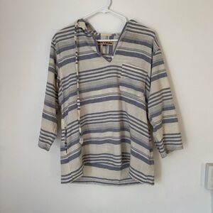 Striped Hooded Pullover Top in Cream and Blue Size M pockets Costal Preppy Beach